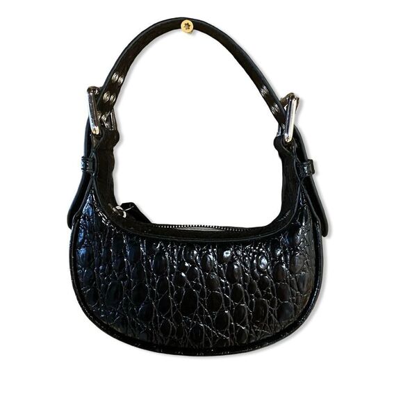 NEW By Far Soho Circular Mini Shoulder Bag Black crocodile purse silver Y2K $570 - Picture 6 of 14